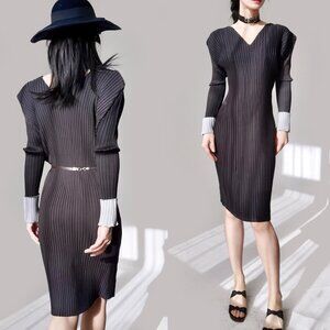 Issey Miyake Charcoal and White Long Sleeve Dress